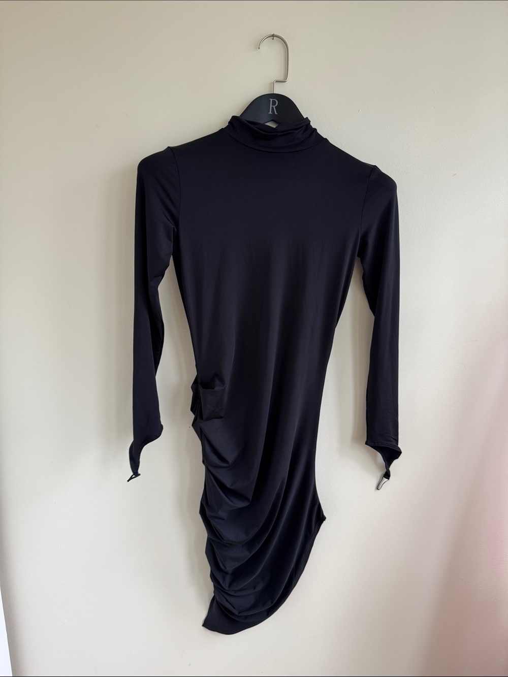 Black Asymmetrical Ruched Long-Sleeve Dress